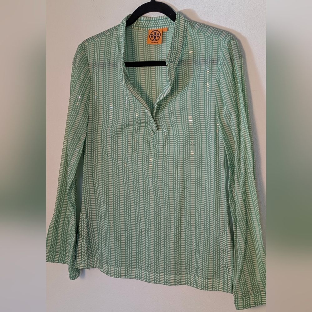 TORY BURCH Stephanie Green Sequin V-Neck Long Sleeve Cotton Tunic Blouse Size 6 - Picture 3 of 14